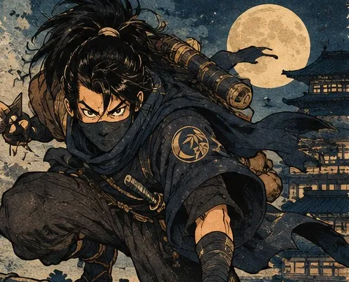 Hanzo crouching on a tiled rooftop at night under a full moon
