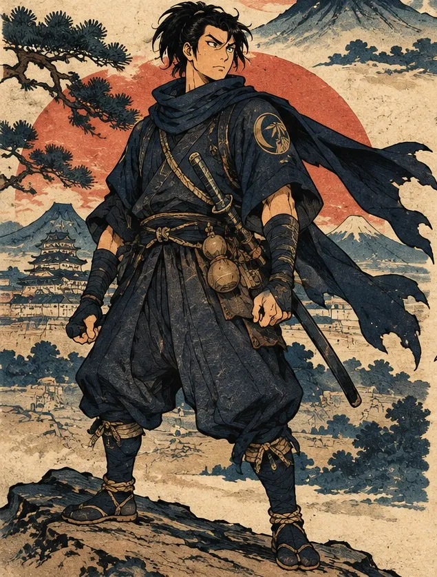 Hanzo, a young ninja in dark navy clothes, standing on a rock in front of a red sun, Mount Fuji and a castle, drawn in woodblock print style